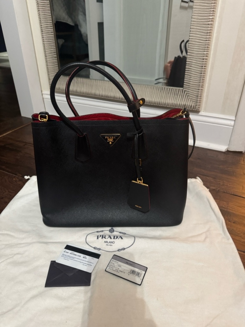 Prada Black Saffiano Leather Tote with Red Interior